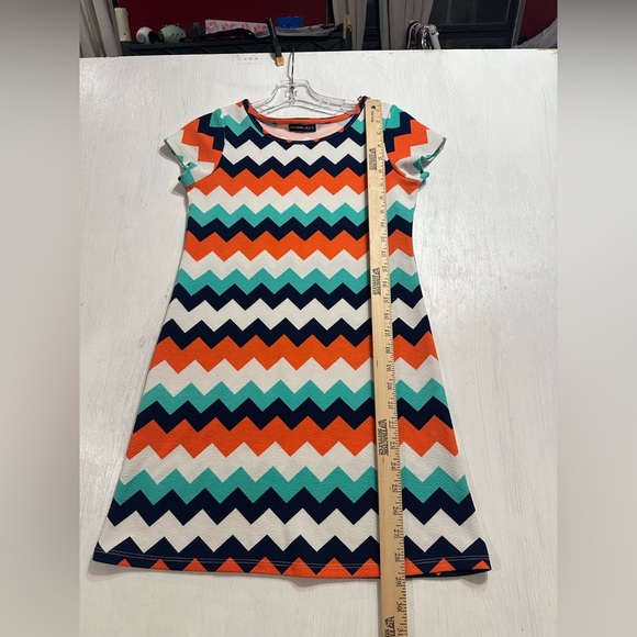 My Michelle Girls Chevron Knit Dress Size 10 Orange Teal Navy Short Sleeve - Picture 4 of 8